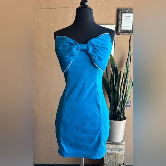 Blue Rhinestone Bow Mini Cocktail Dress NWT - Picture 5 of 10